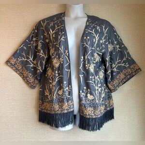 Soft Surroundings Womens Embroidery Fringe Kimono Cardigan Blue & Cream Size S/M
